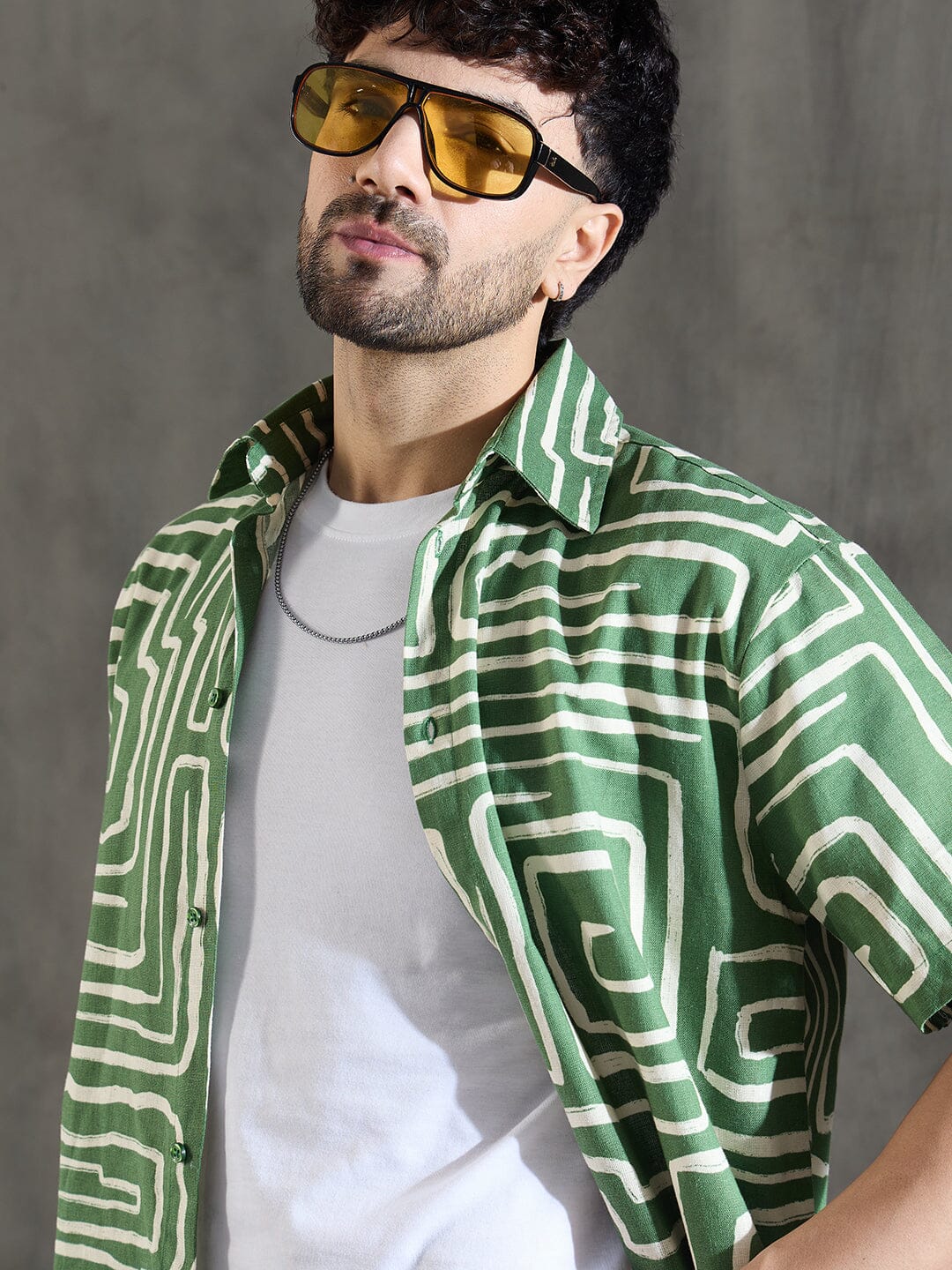 Olive Abstract Print Linen Shirt