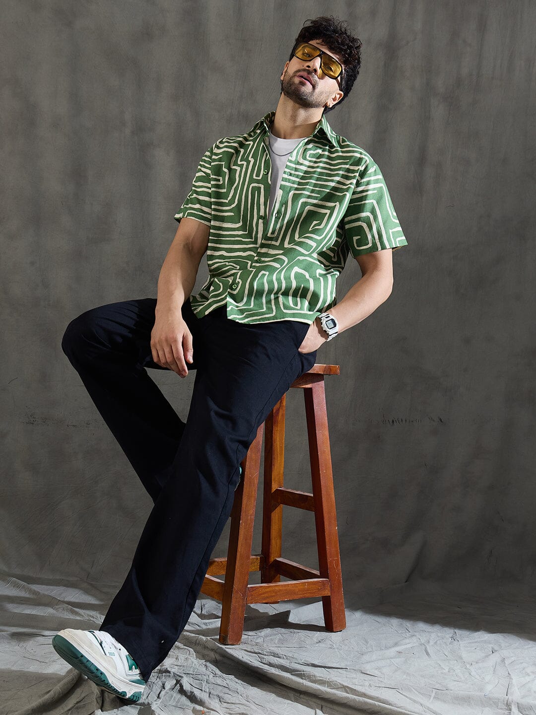 Olive Abstract Print Linen Shirt