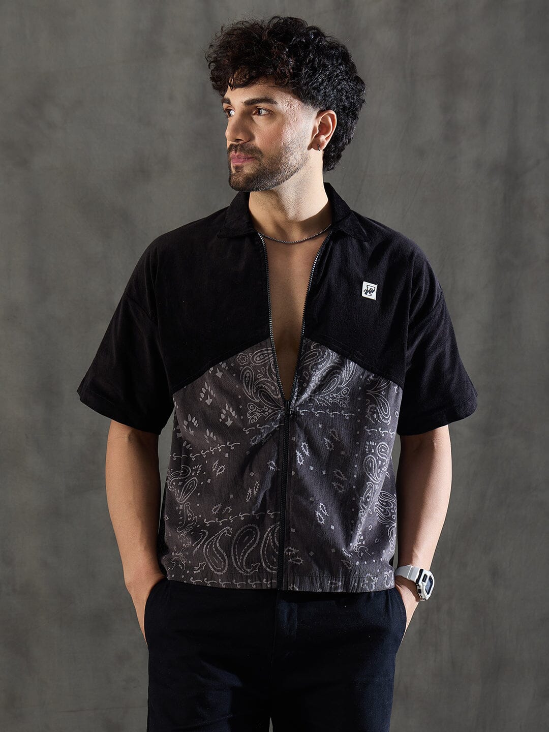 Black and Grey Paisley Zipped Shirt