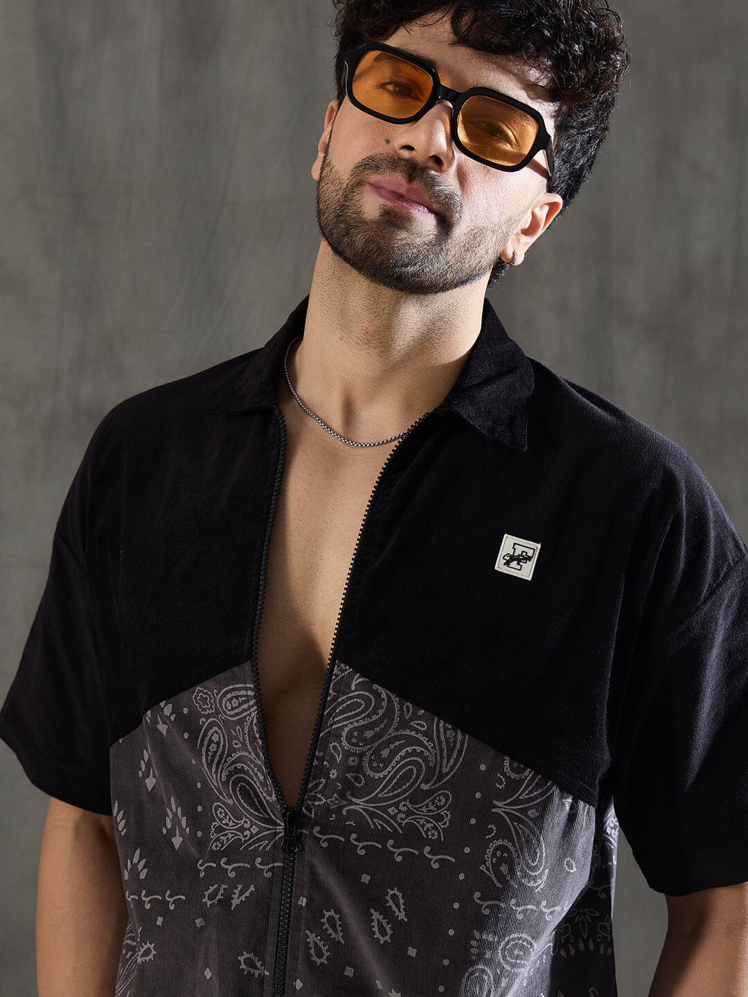 Black and Grey Paisley Zipped Shirt