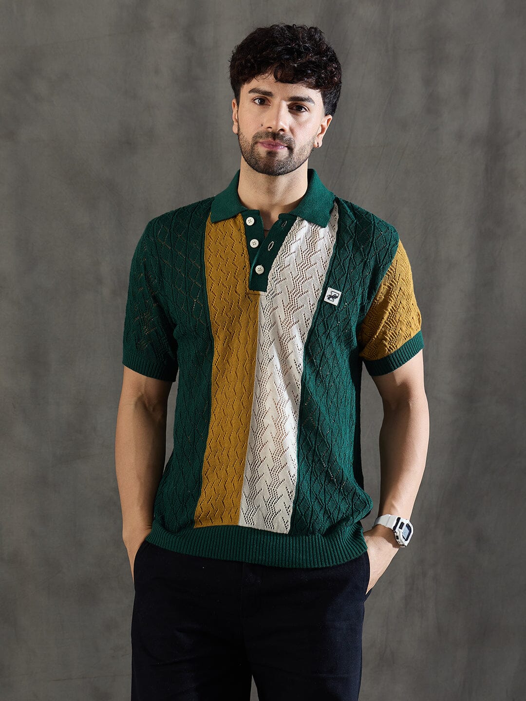 Green Striped Knitted Crotchet Polo Tshirt