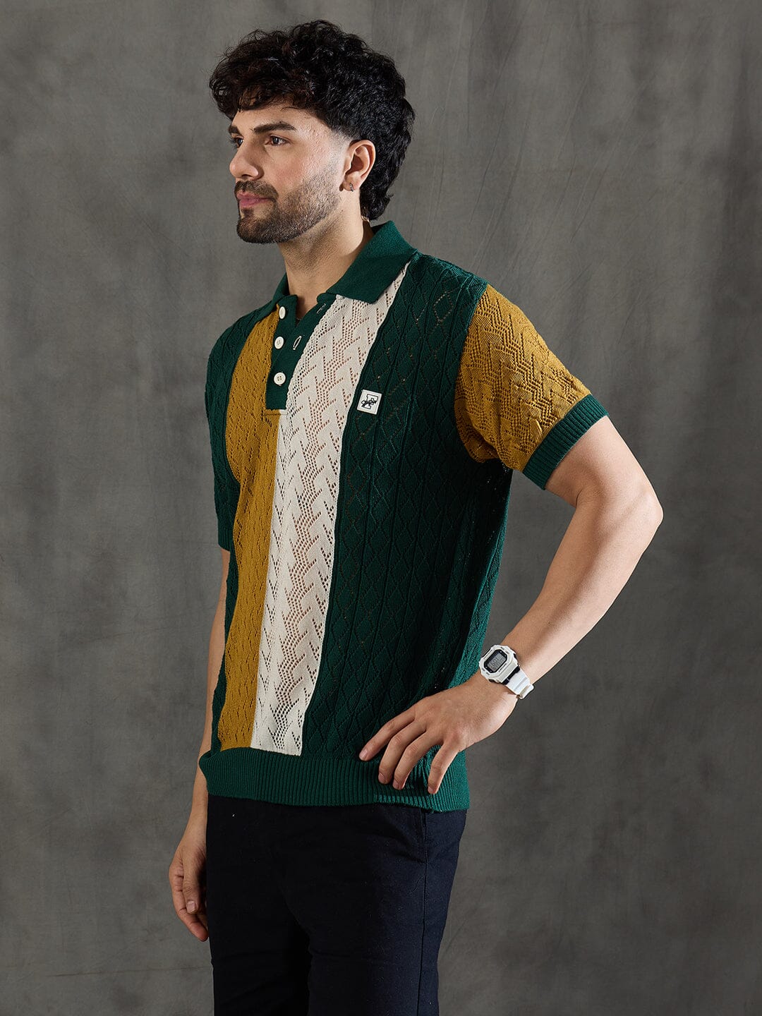 Green Striped Knitted Crotchet Polo Tshirt