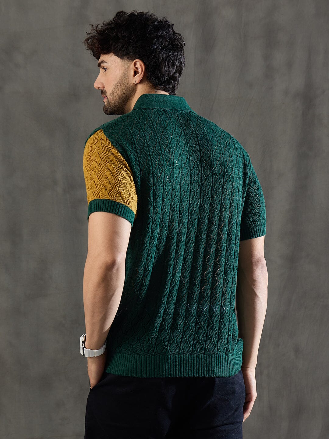 Green Striped Knitted Crotchet Polo Tshirt