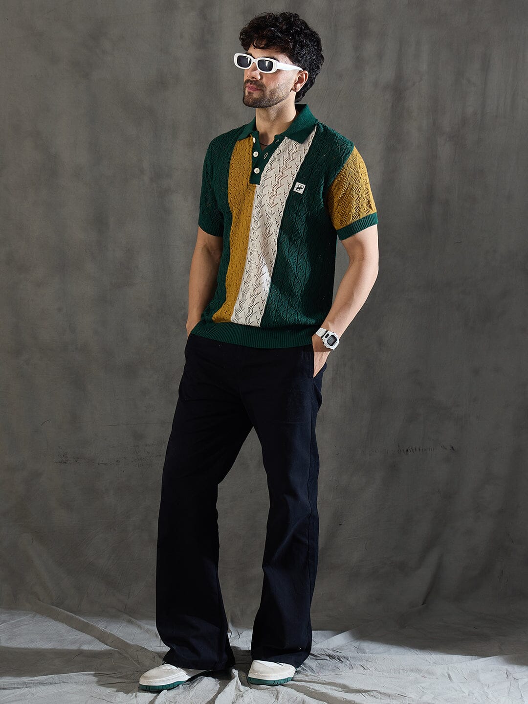 Green Striped Knitted Crotchet Polo Tshirt