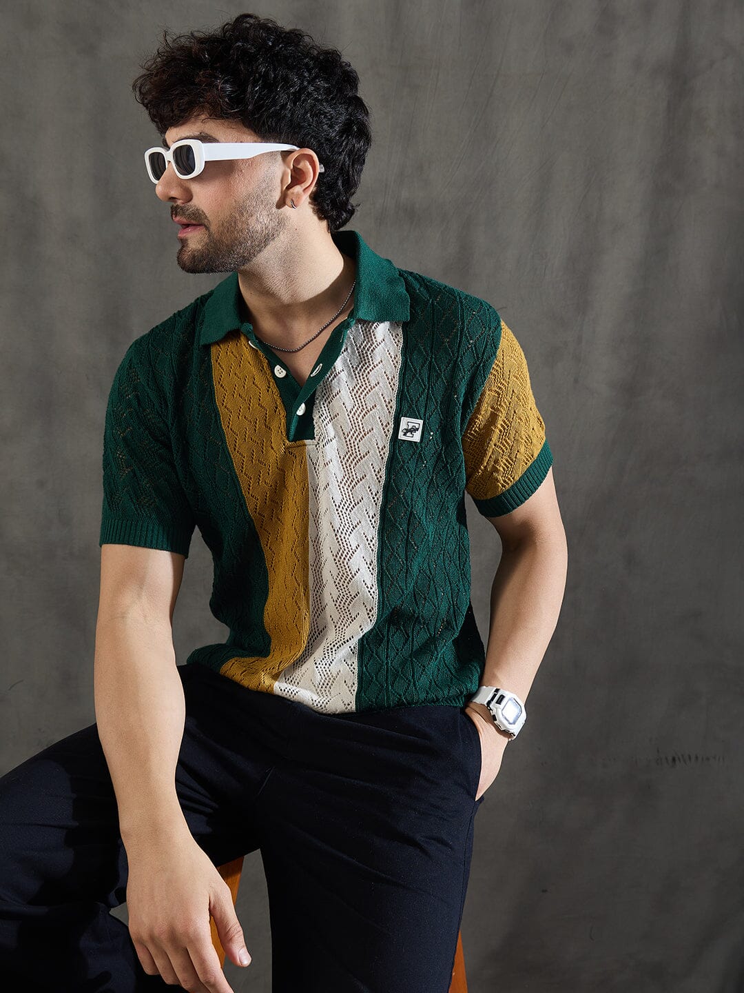 Green Striped Knitted Crotchet Polo Tshirt