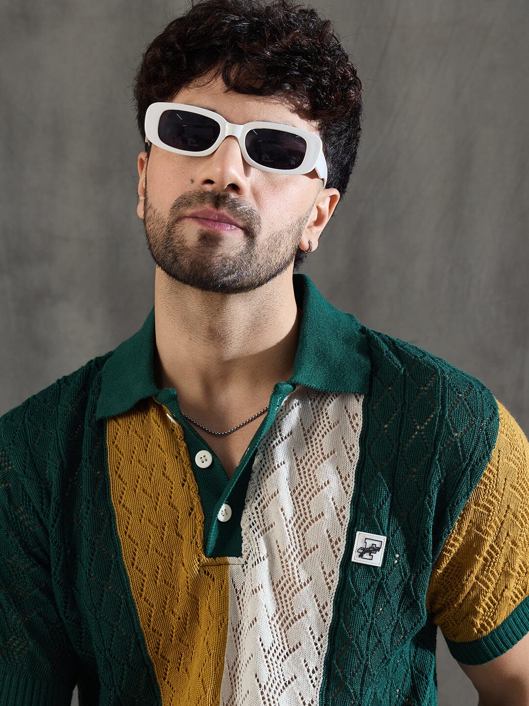 Green Striped Knitted Crotchet Polo Tshirt