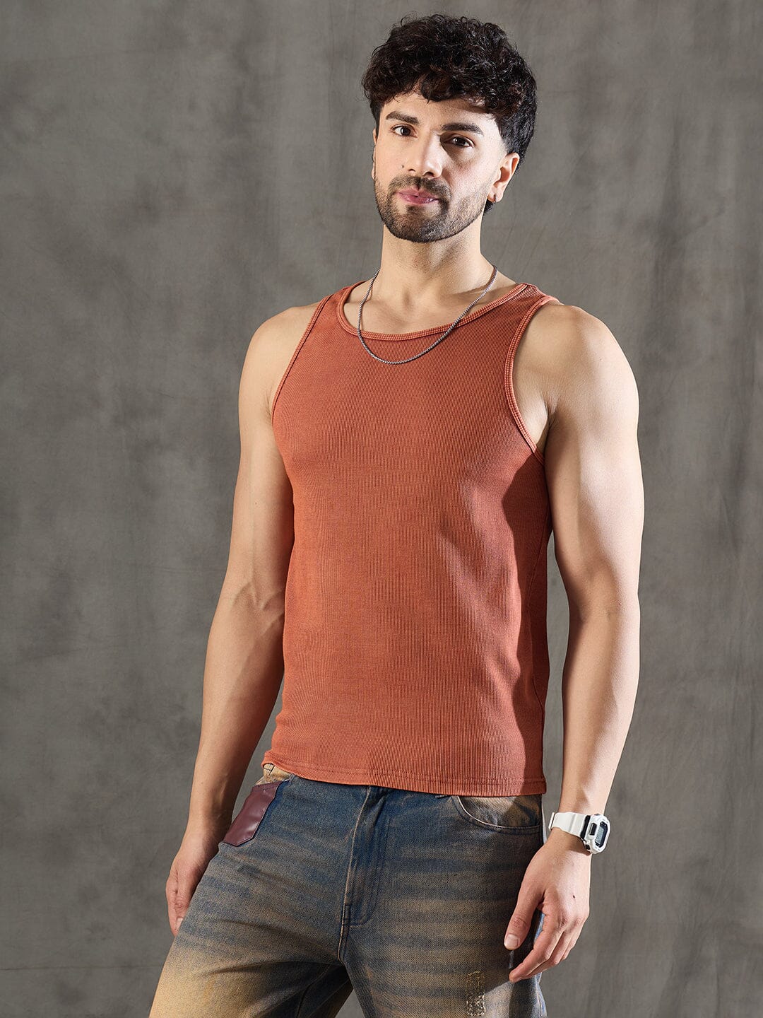 Apricot Dyed Lace Cuban Shirt With Muscle Fit Vest