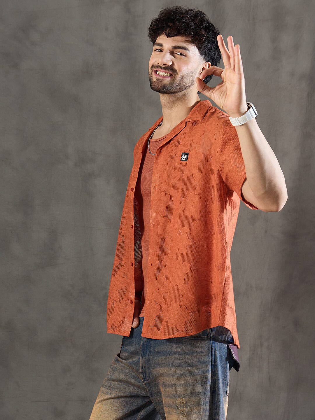 Apricot Dyed Lace Cuban Shirt With Muscle Fit Vest