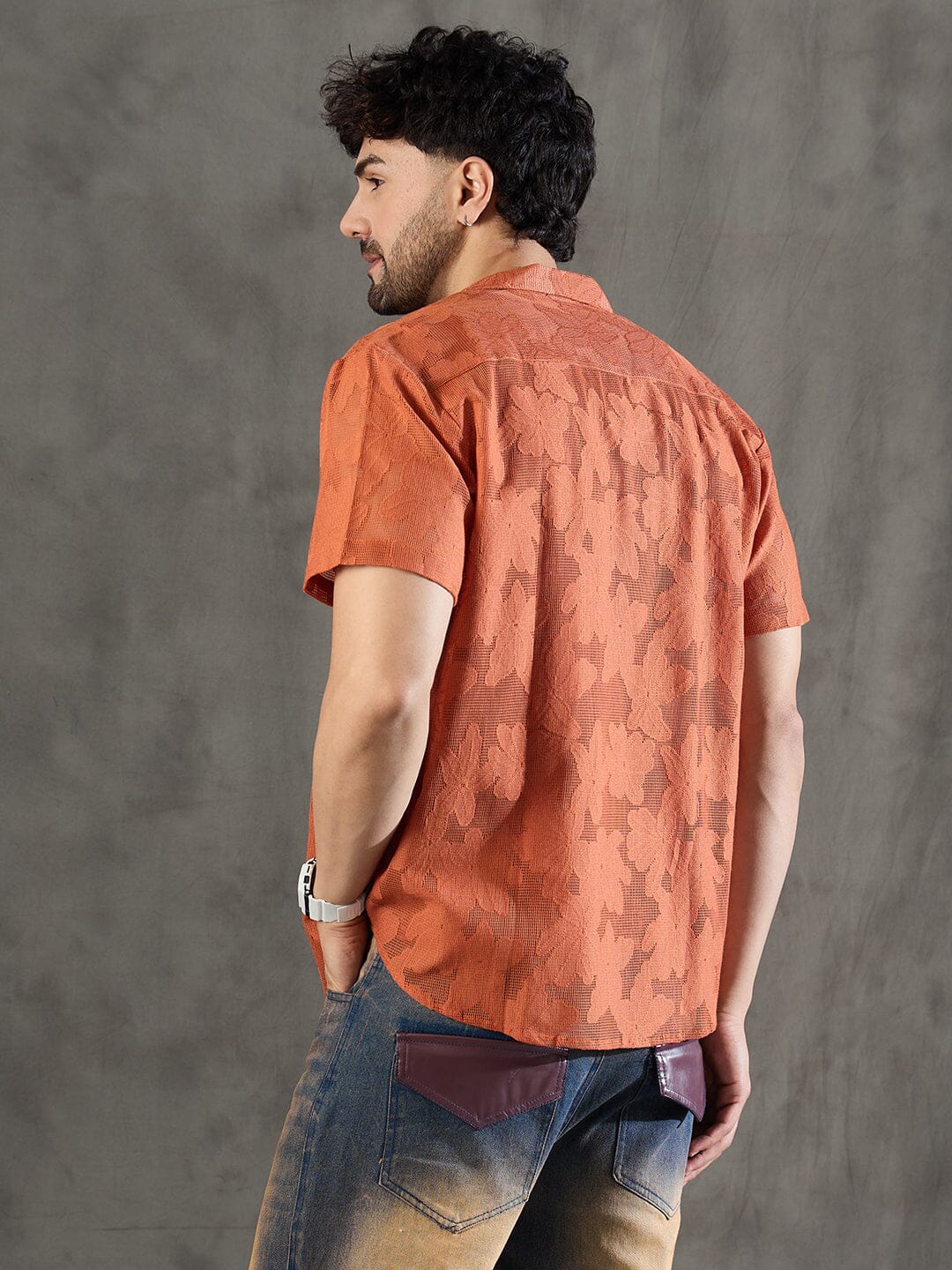 Apricot Dyed Lace Cuban Shirt With Muscle Fit Vest