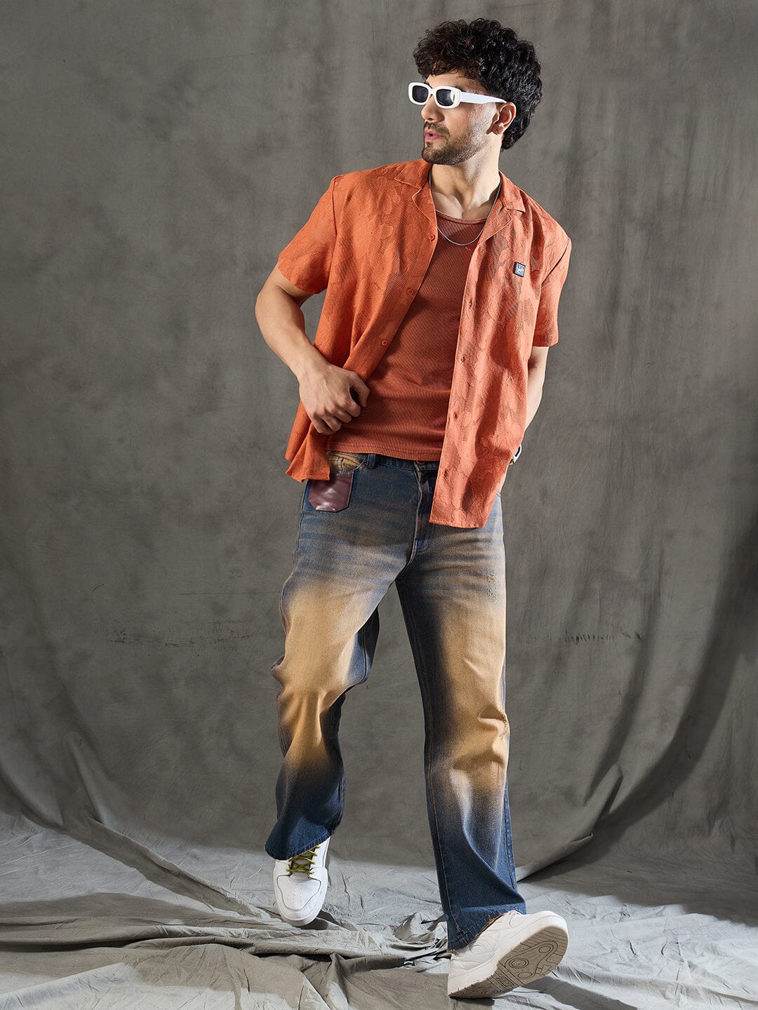 Apricot Dyed Lace Cuban Shirt With Muscle Fit Vest