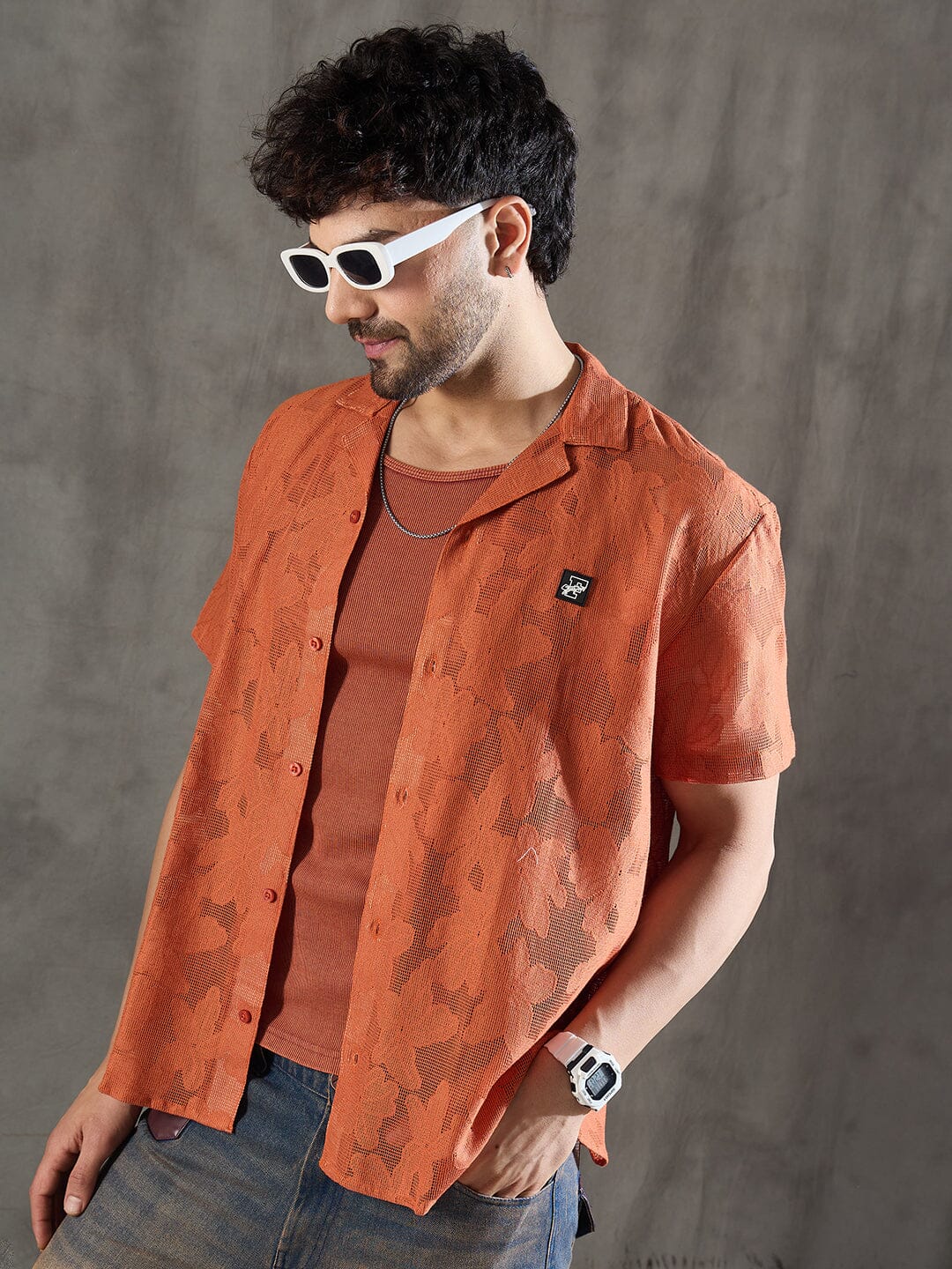 Apricot Dyed Lace Cuban Shirt With Muscle Fit Vest