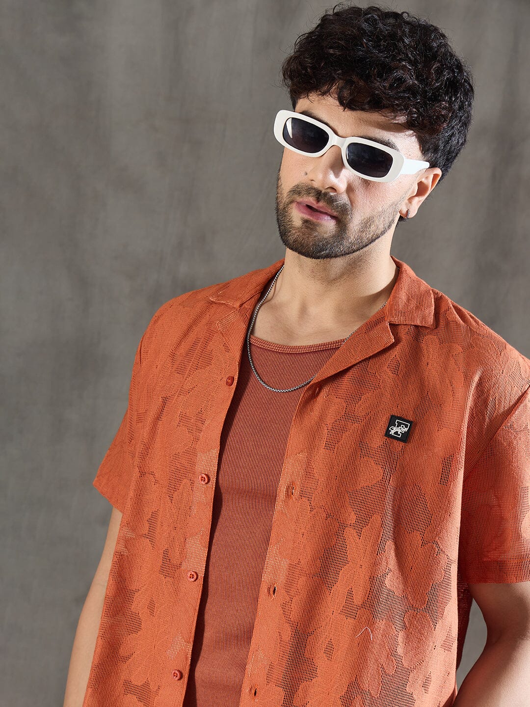 Apricot Dyed Lace Cuban Shirt With Muscle Fit Vest