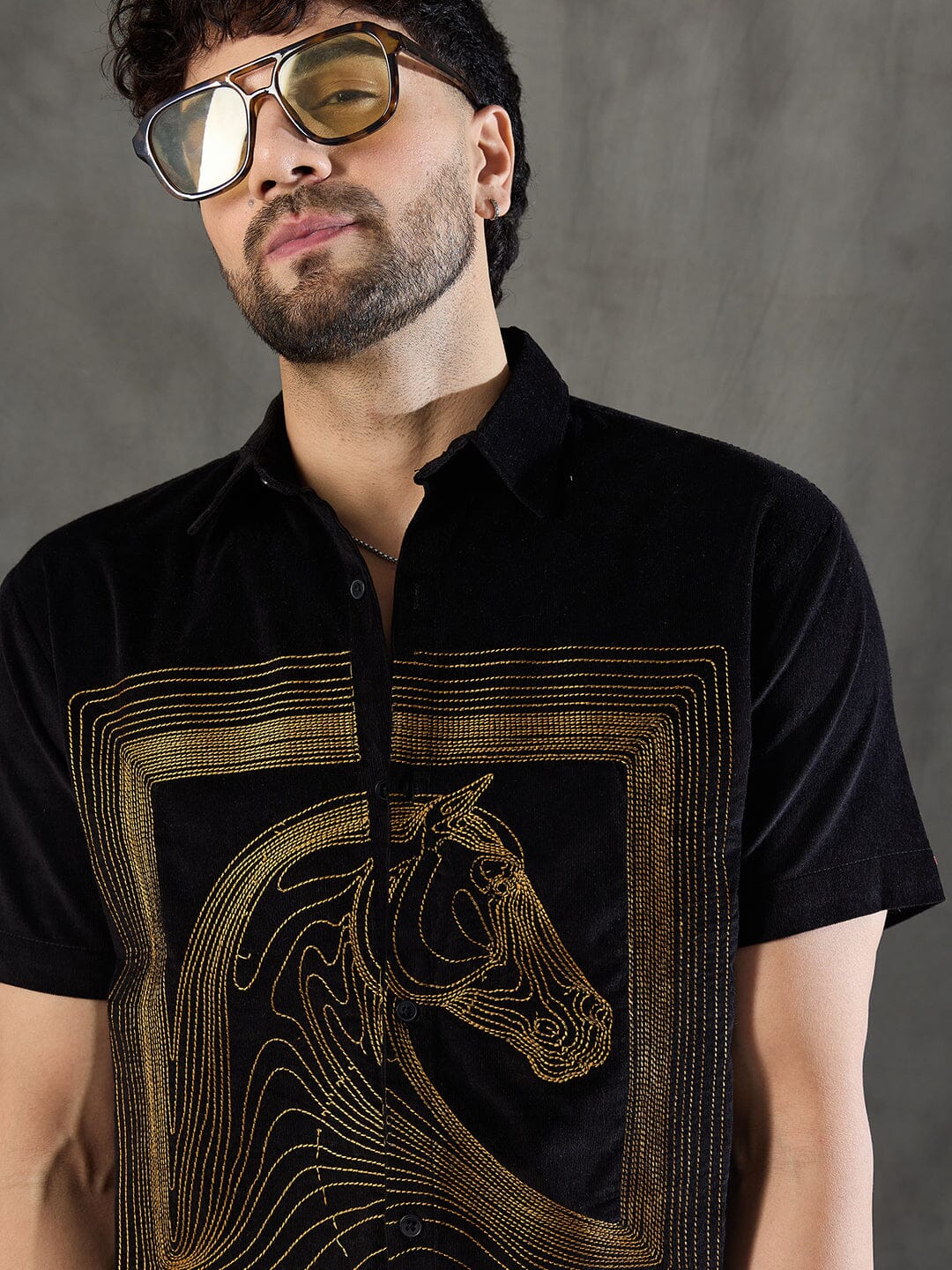 Black Corduroy Horse Embroidery Shirt
