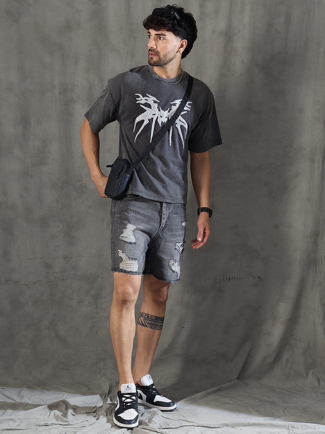Charcoal Washed Bat Graphic Oversized Tshirt
