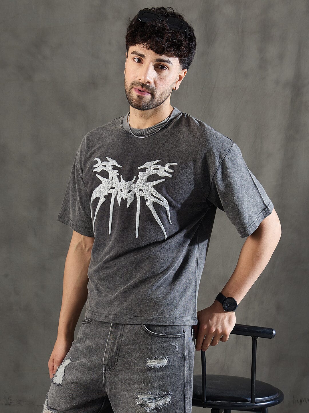 Charcoal Washed Bat Graphic Oversized Tshirt
