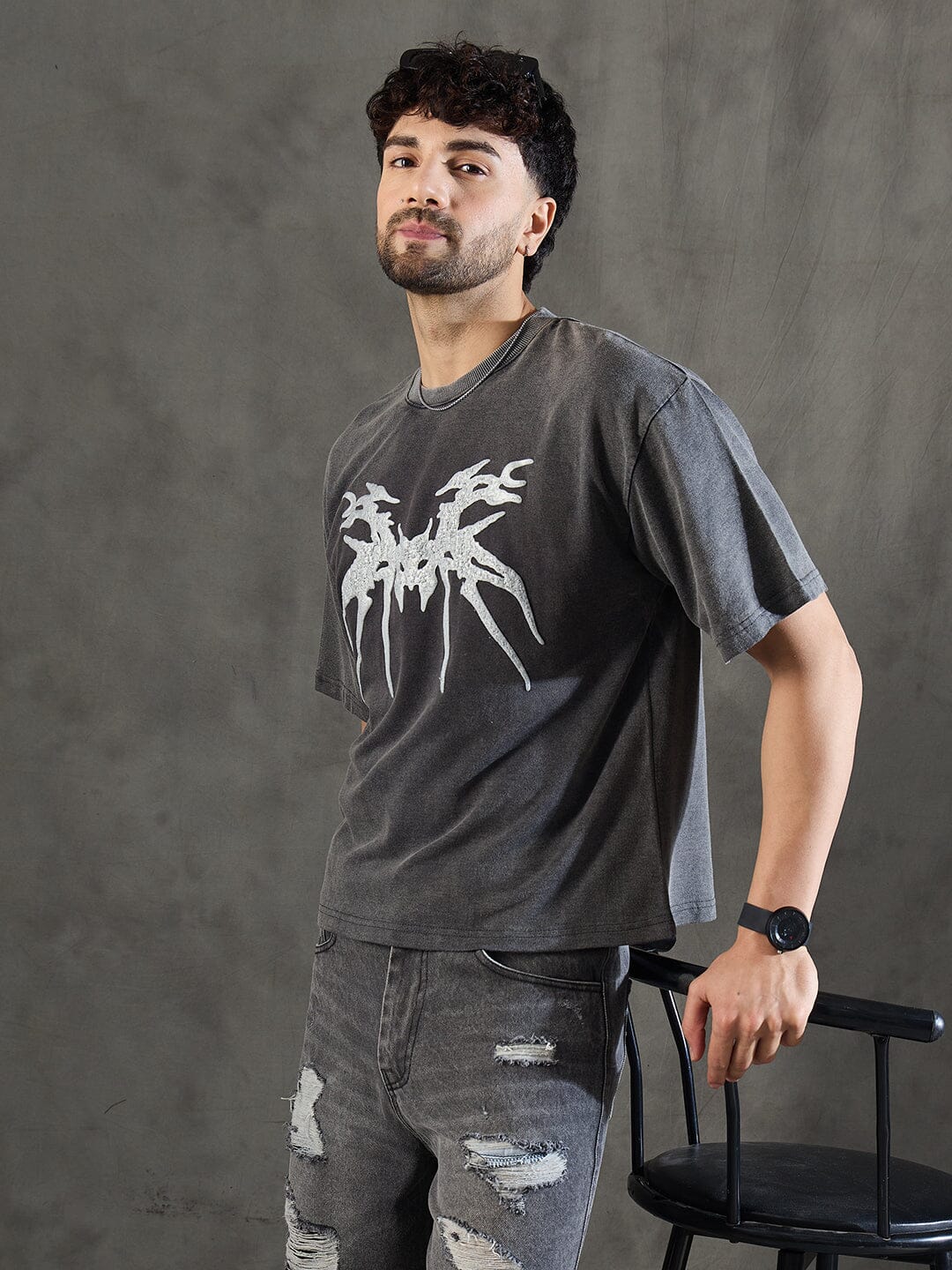 Charcoal Washed Bat Graphic Oversized Tshirt