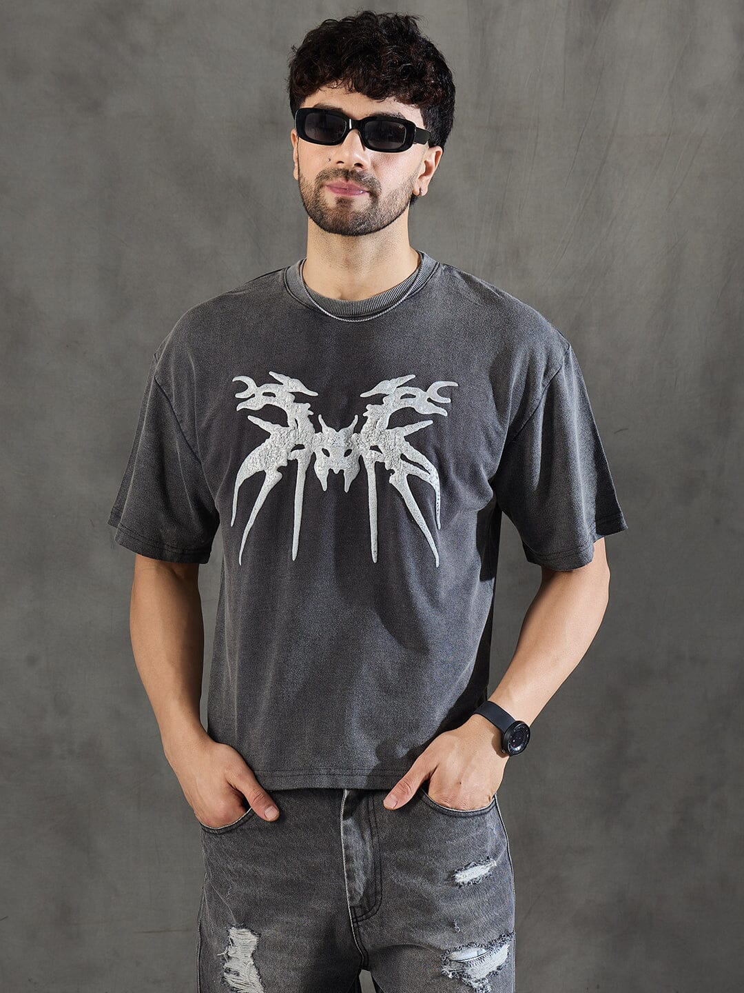 Charcoal Washed Bat Graphic Oversized Tshirt