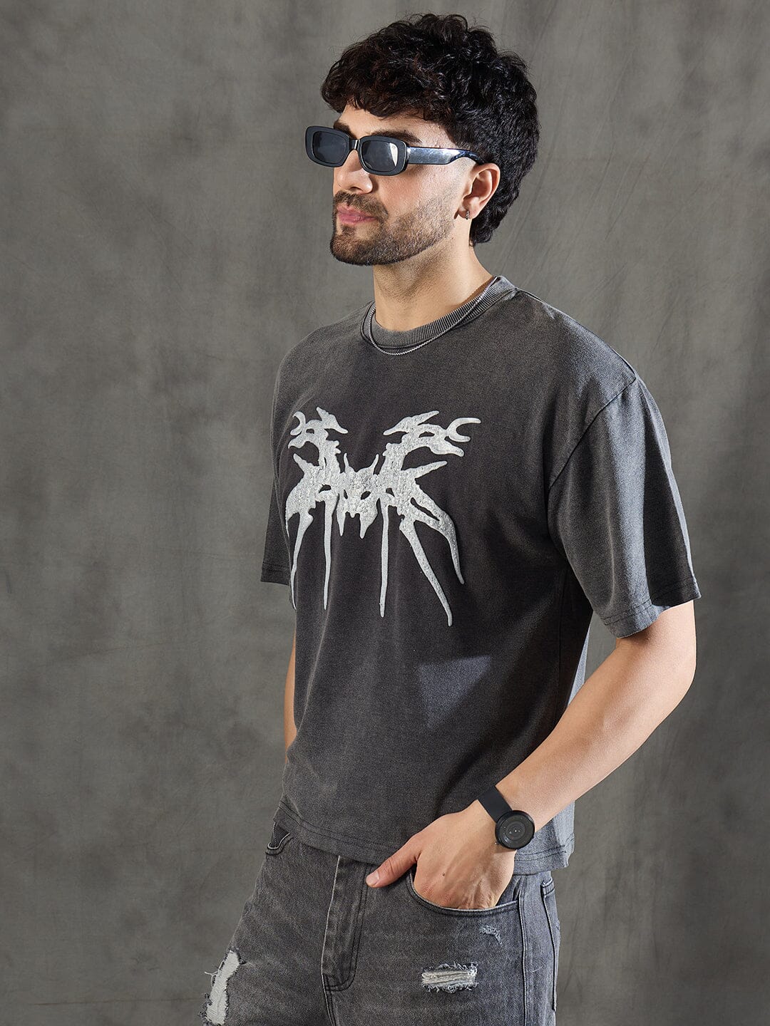 Charcoal Washed Bat Graphic Oversized Tshirt