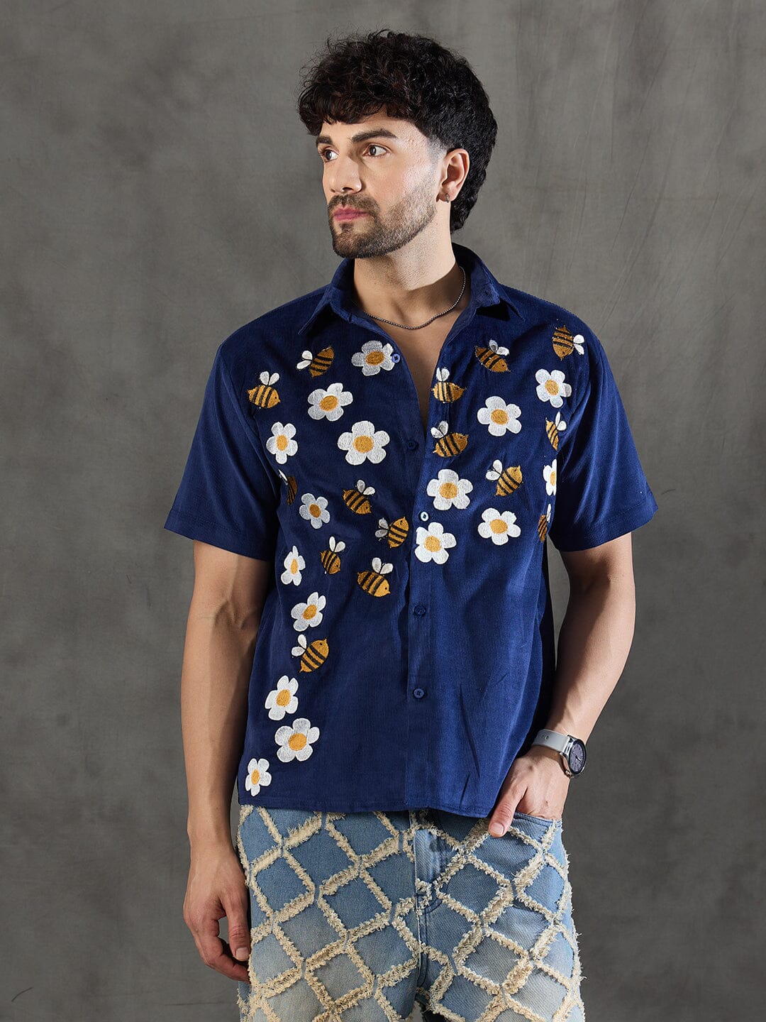 Navy Daisy and Bees Embroidery Corduroy Shirt