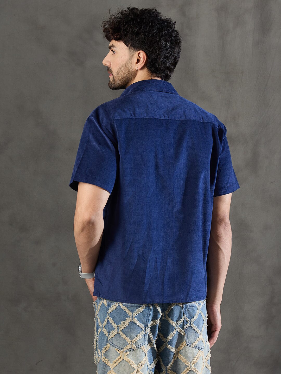 Navy Daisy and Bees Embroidery Corduroy Shirt