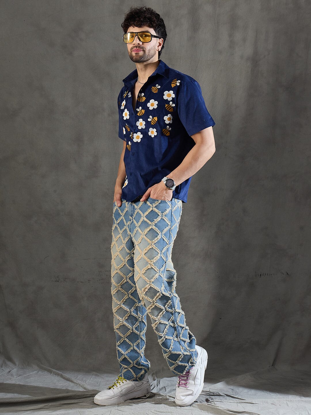 Navy Daisy and Bees Embroidery Corduroy Shirt