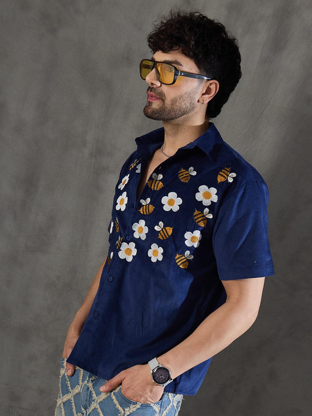 Navy Daisy and Bees Embroidery Corduroy Shirt