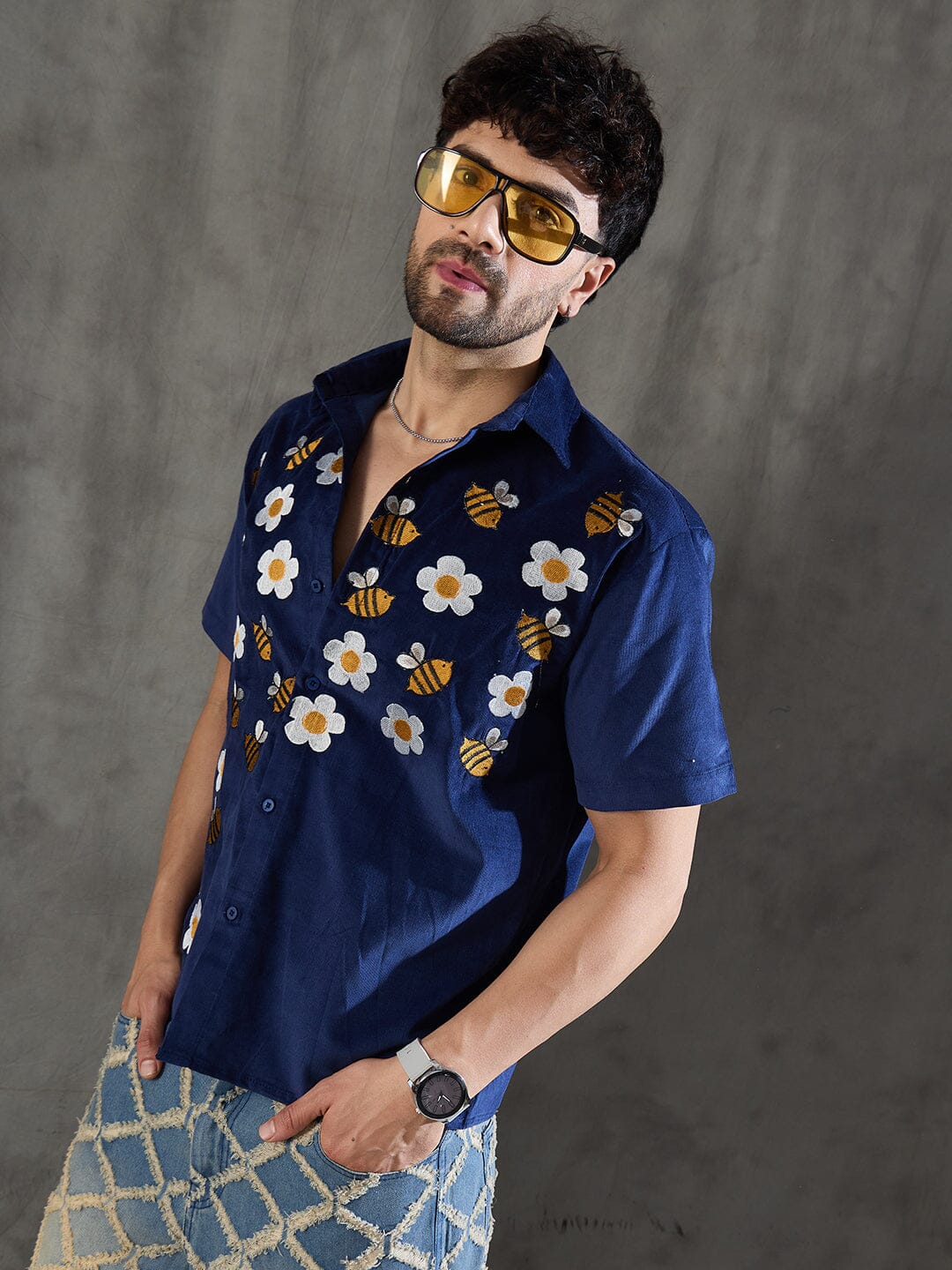 Navy Daisy and Bees Embroidery Corduroy Shirt