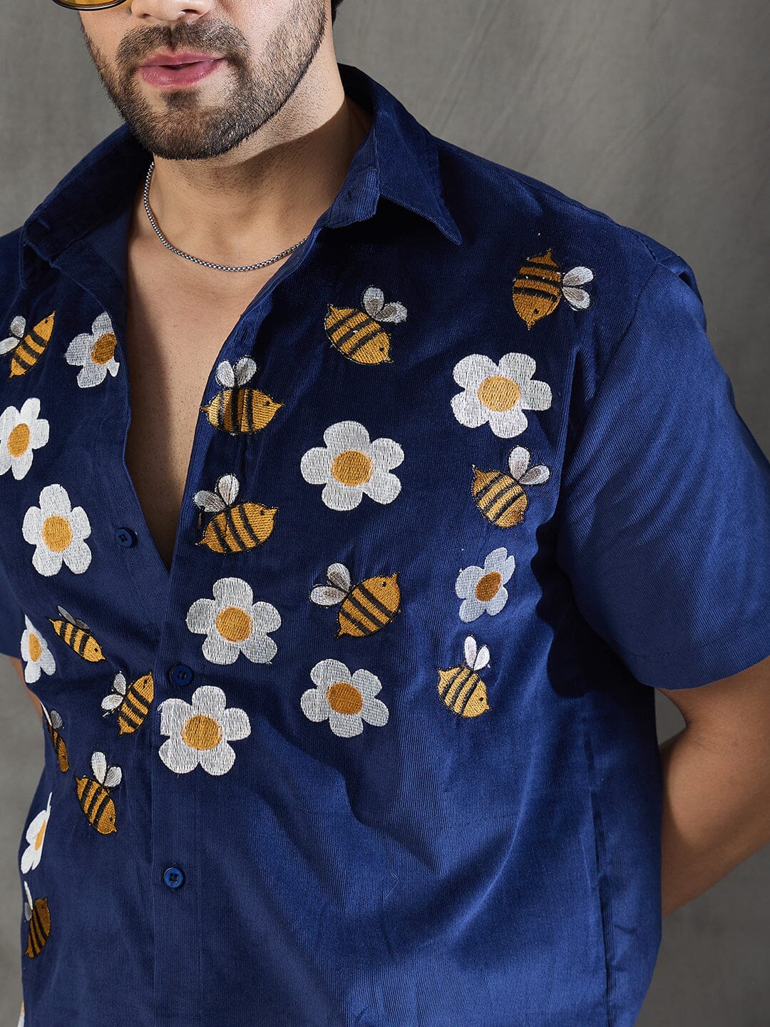 Navy Daisy and Bees Embroidery Corduroy Shirt