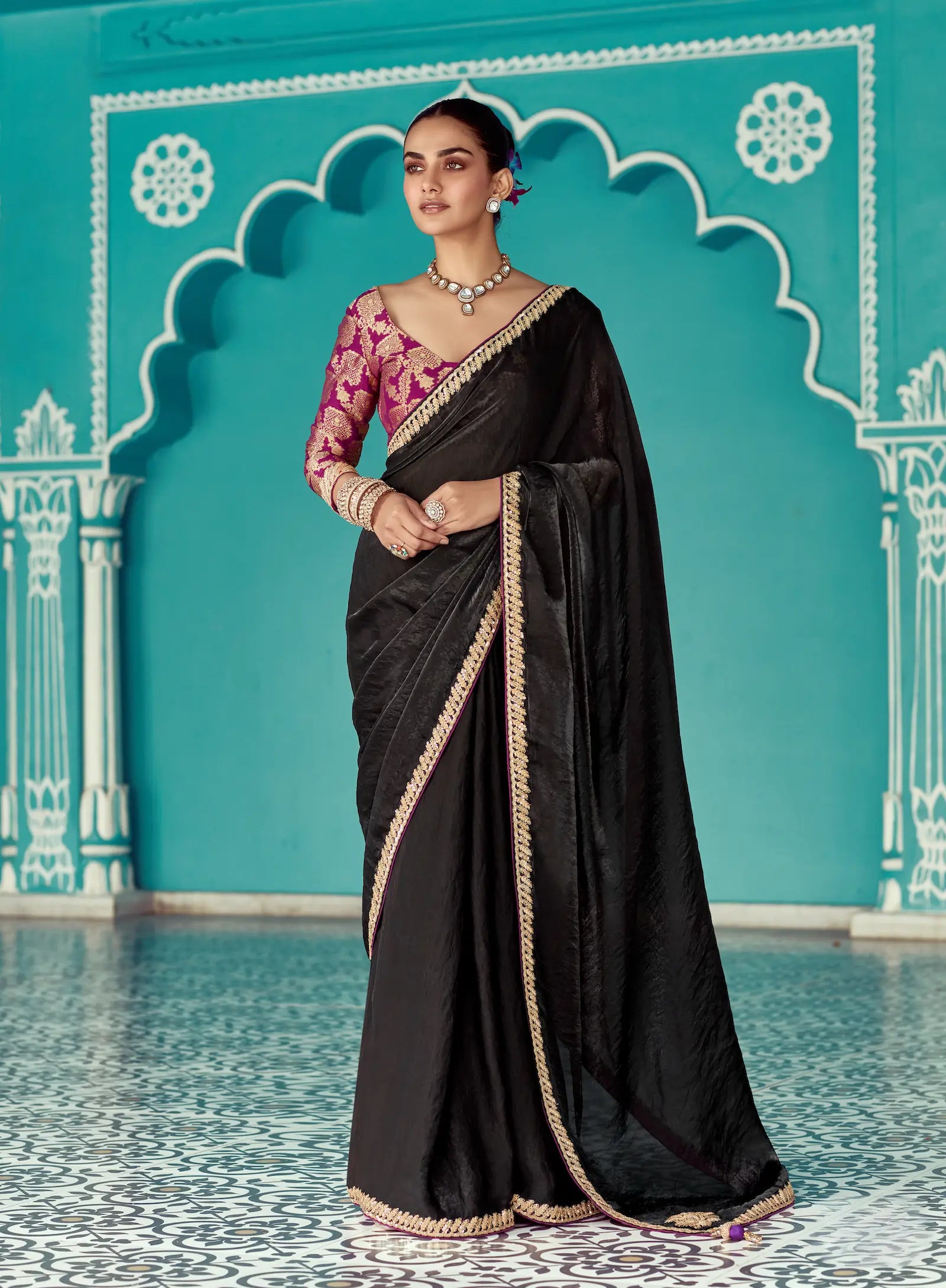 Black Organza Embroidery Work Party wear Saree - qivii