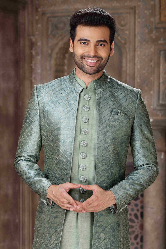 Men's Art Silk Embroidery Work 3 Pcs Indo Jacket Set In Green Colour