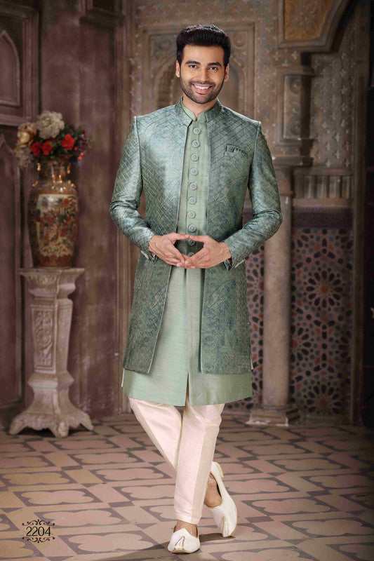 Men's Art Silk Embroidery Work 3 Pcs Indo Jacket Set In Green Colour