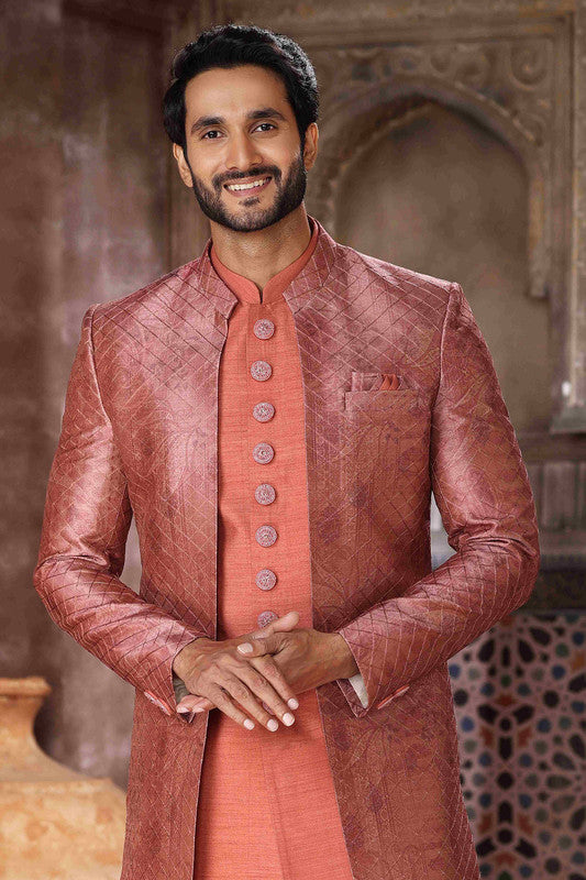 Men's Art Silk Embroidery Work 3 Pcs Indo Jacket Set In Brown Orange Colour