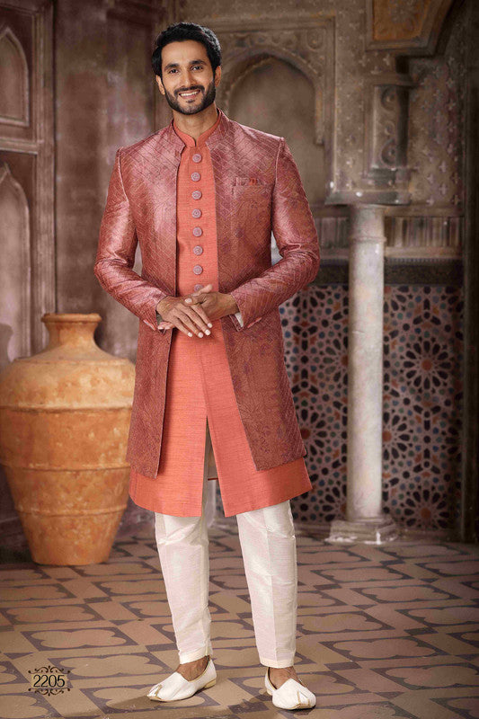 Men's Art Silk Embroidery Work 3 Pcs Indo Jacket Set In Brown Orange Colour