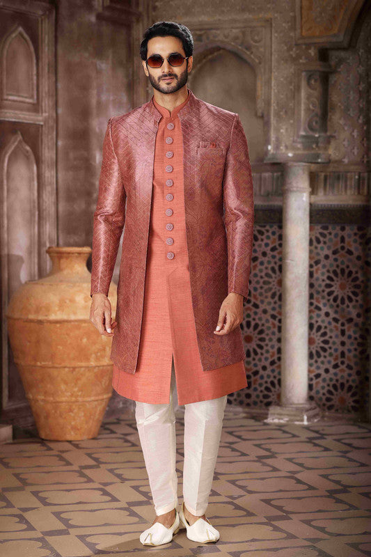 Men's Art Silk Embroidery Work 3 Pcs Indo Jacket Set In Brown Orange Colour