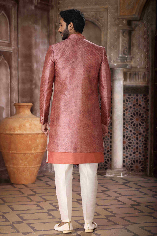 Men's Art Silk Embroidery Work 3 Pcs Indo Jacket Set In Brown Orange Colour