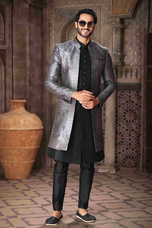 Men's Art Silk Embroidery Work 3 Pcs Indo Jacket Set In Grey Black Colour