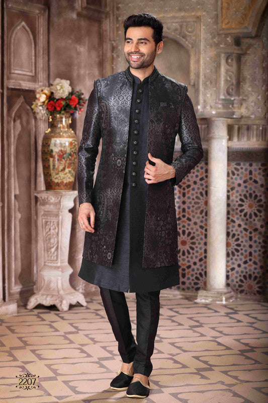 Men's Art Silk Embroidery Work 3 Pcs Indo Jacket Set In Black Colour