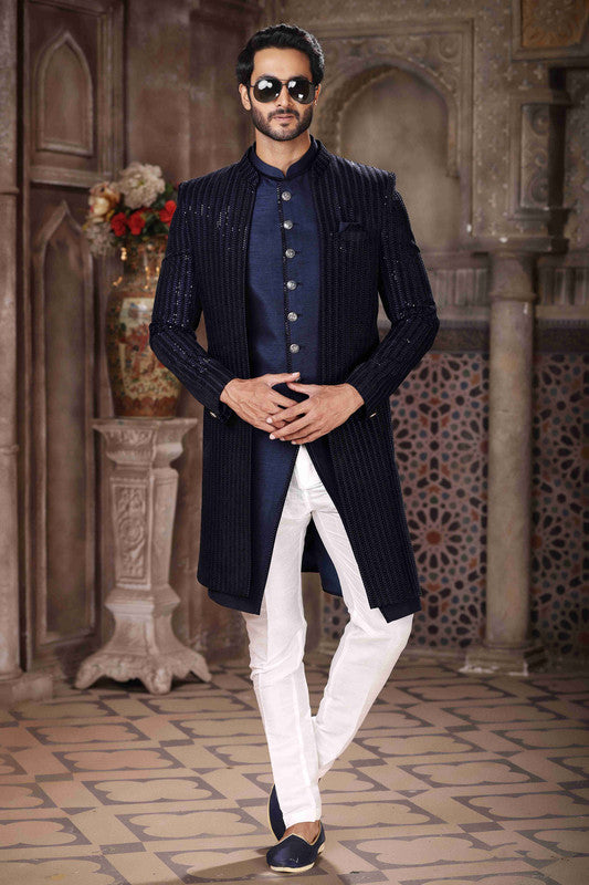 Men's Velvet And Art Silk Embroidery Work 3 Pcs Indo Jacket Set In Blue Colour