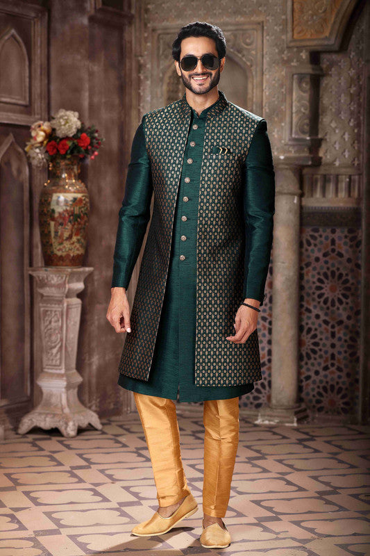 Men's Banarasi Jacquard And Art Silk Embroidery Work 3 Pcs Indo Jacket Set In Green Colour