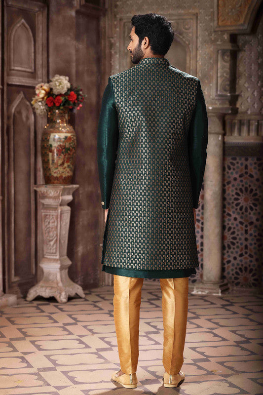 Men's Banarasi Jacquard And Art Silk Embroidery Work 3 Pcs Indo Jacket Set In Green Colour