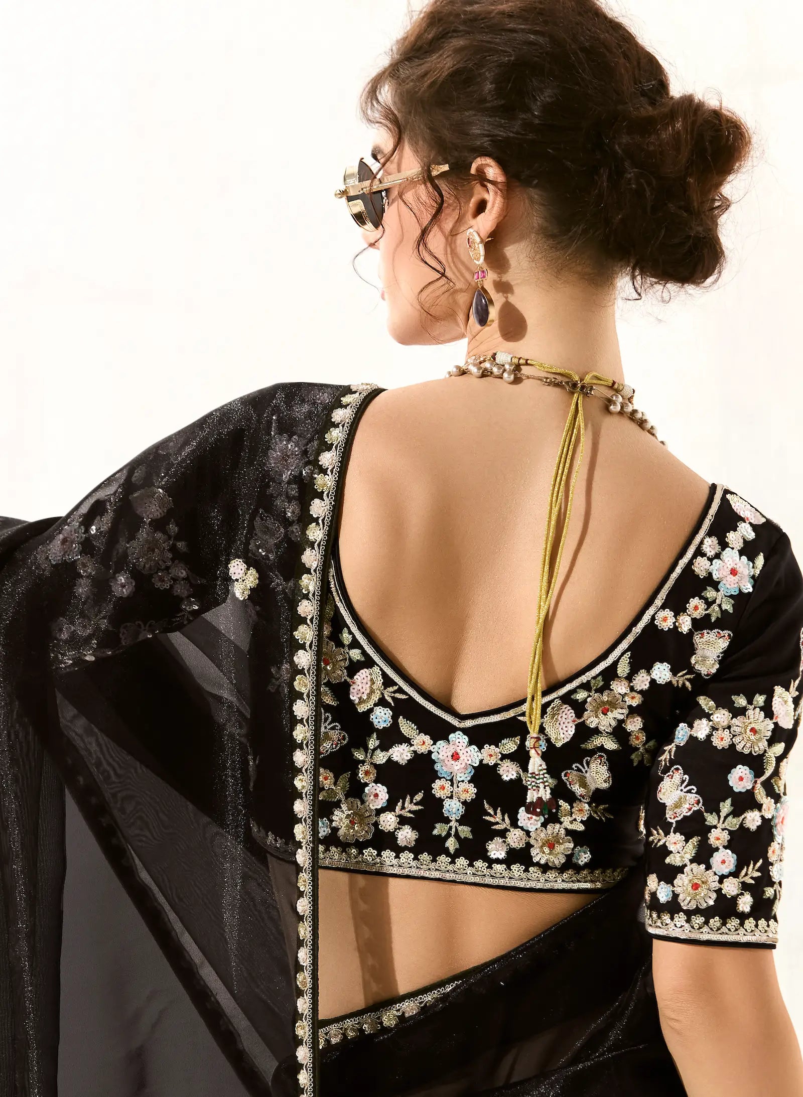 Black Organza Saree Blouse With Heavy Embroidery work - qivii