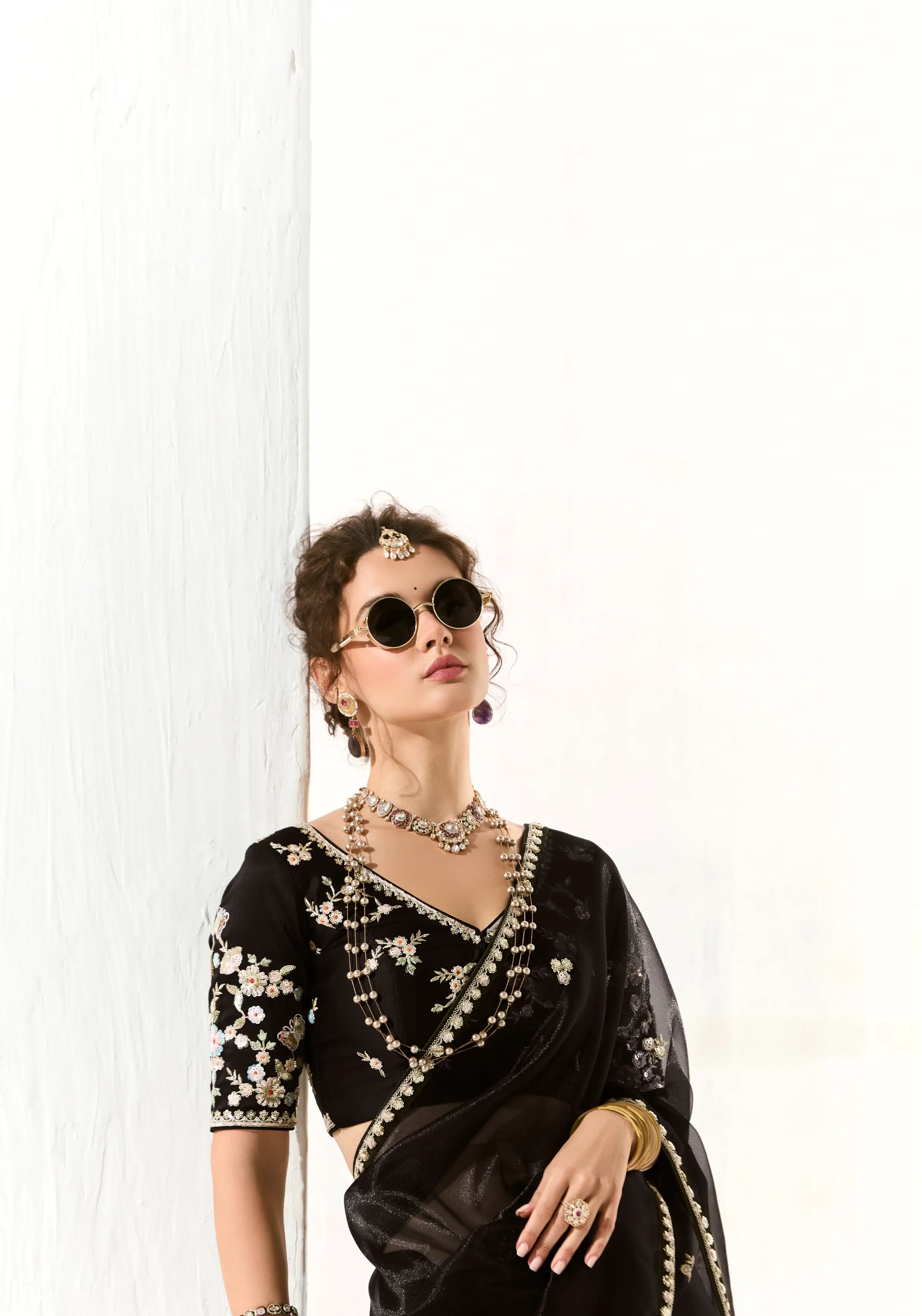 Black Organza Saree Blouse With Heavy Embroidery work - qivii