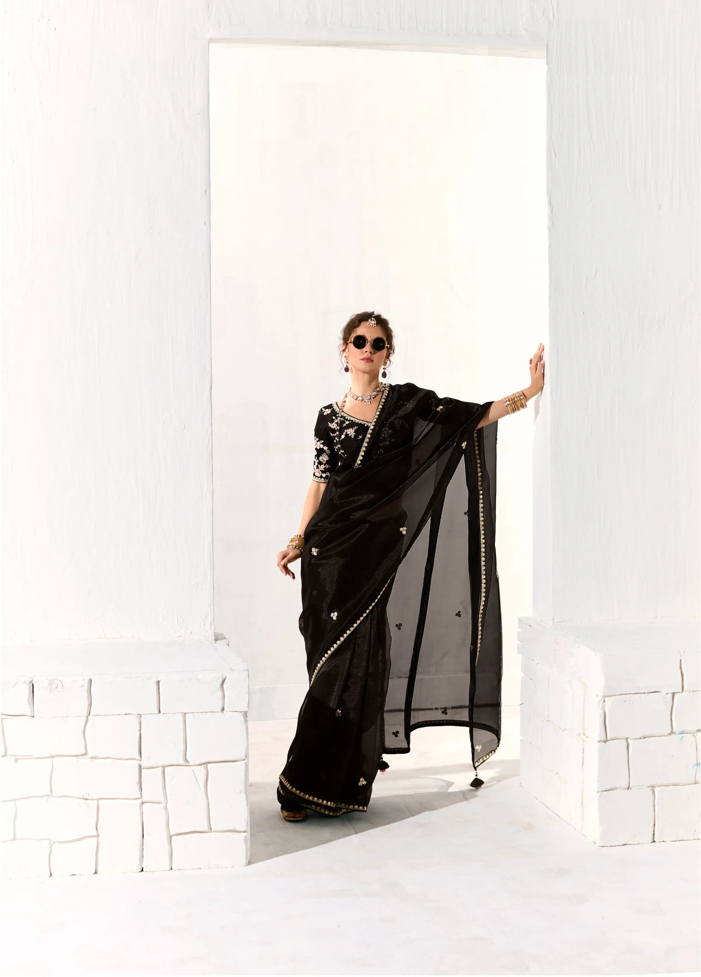 Black Organza Saree Blouse With Heavy Embroidery work - qivii