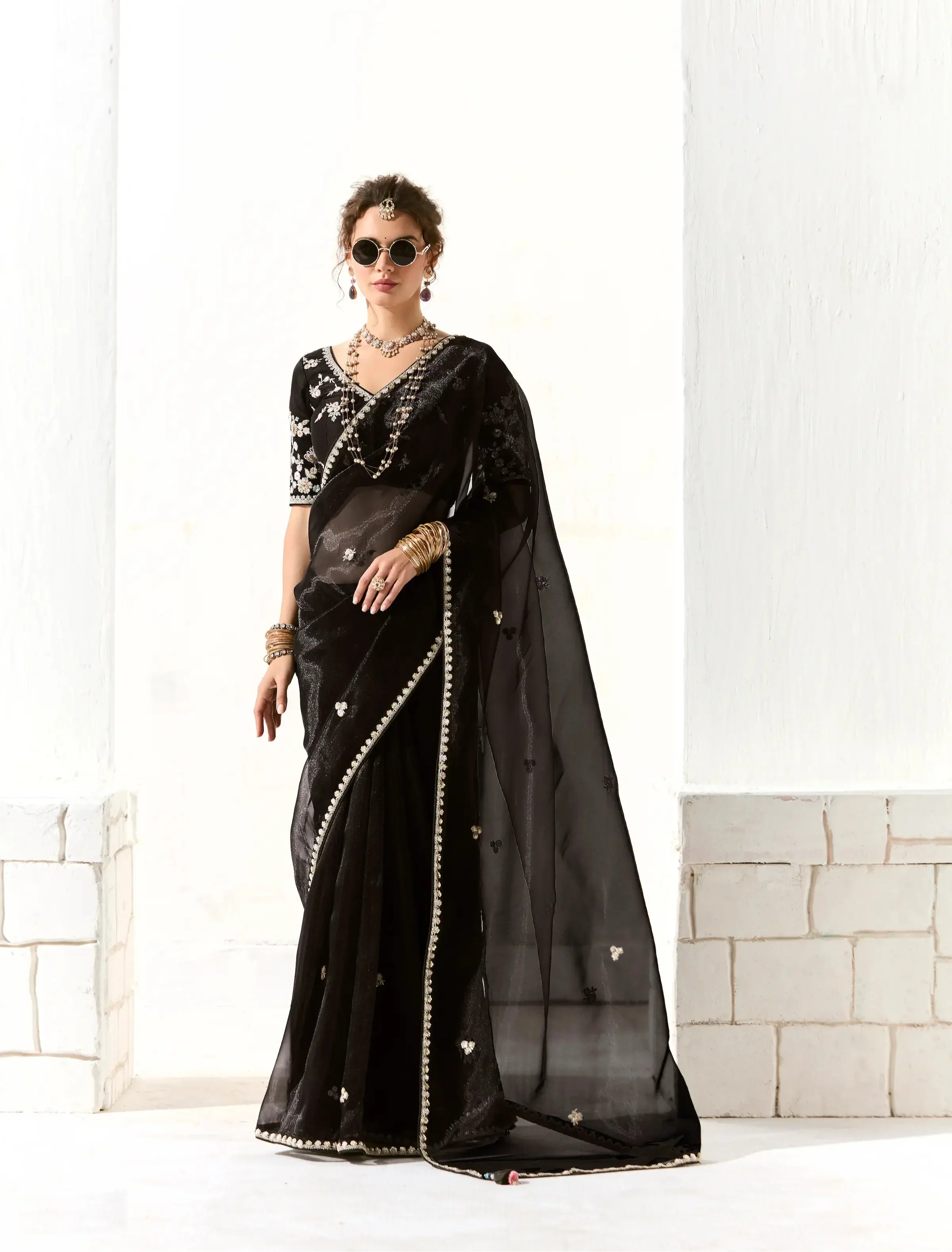Black Organza Saree Blouse With Heavy Embroidery work - qivii