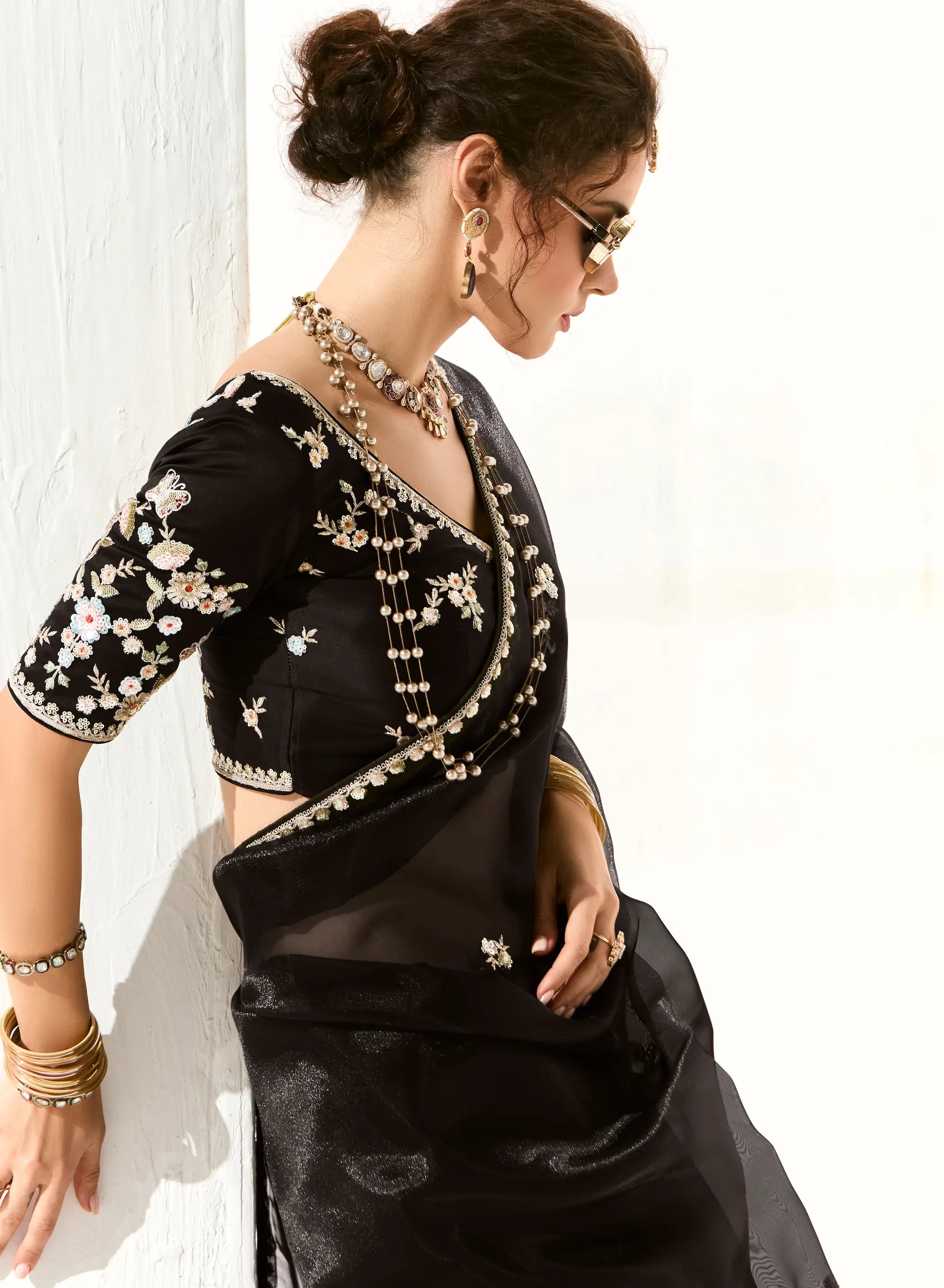 Black Organza Saree Blouse With Heavy Embroidery work - qivii