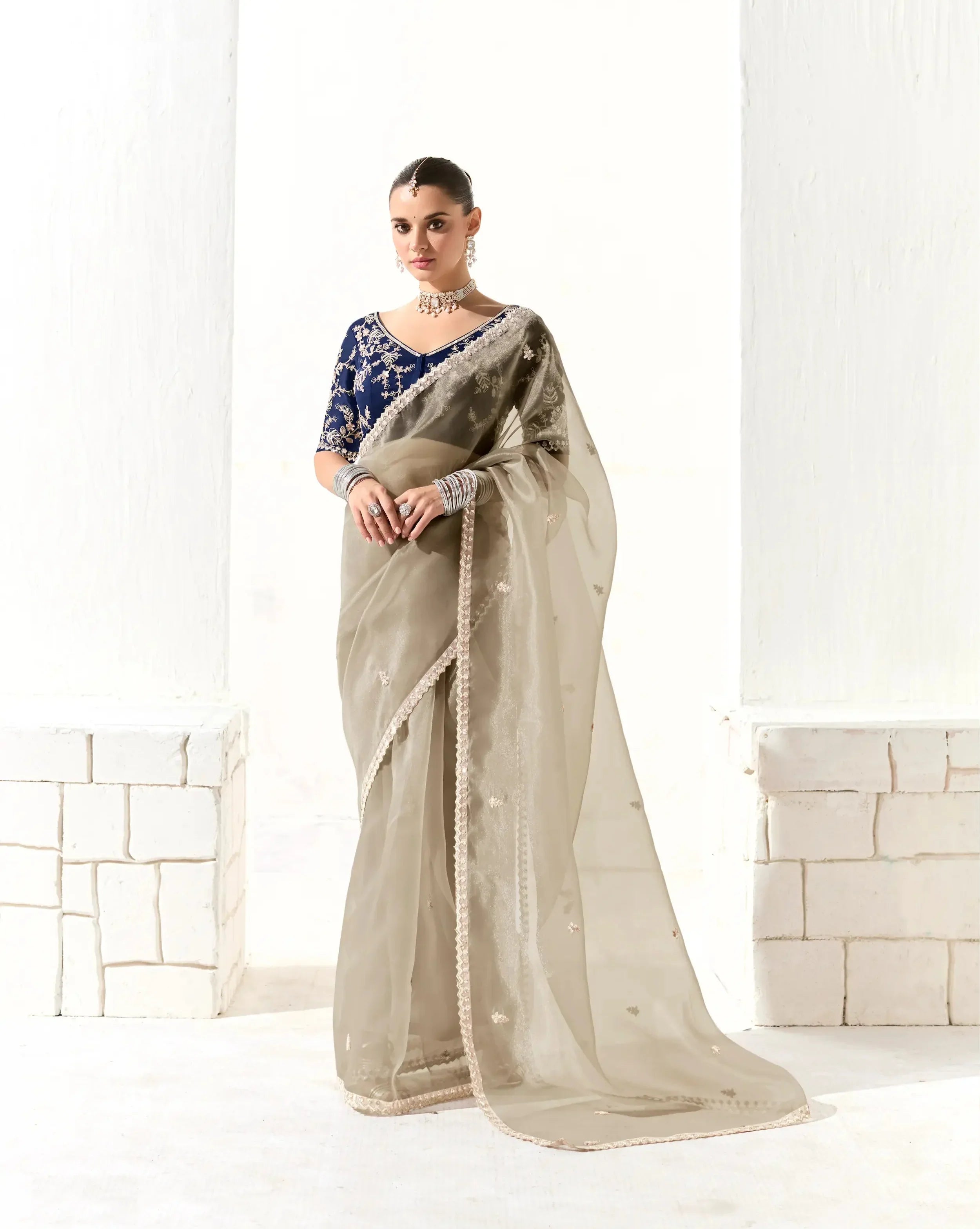 Beige Organza Saree Blouse With Heavy Embroidery work - qivii