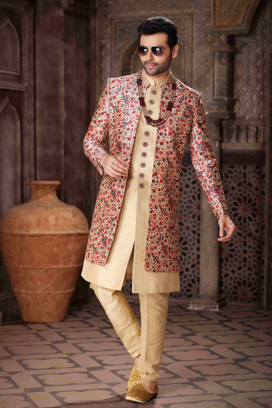 Men's Art Silk Embroidery Work 3 Pcs Indo Jacket Set In Maroon And Beige Colour