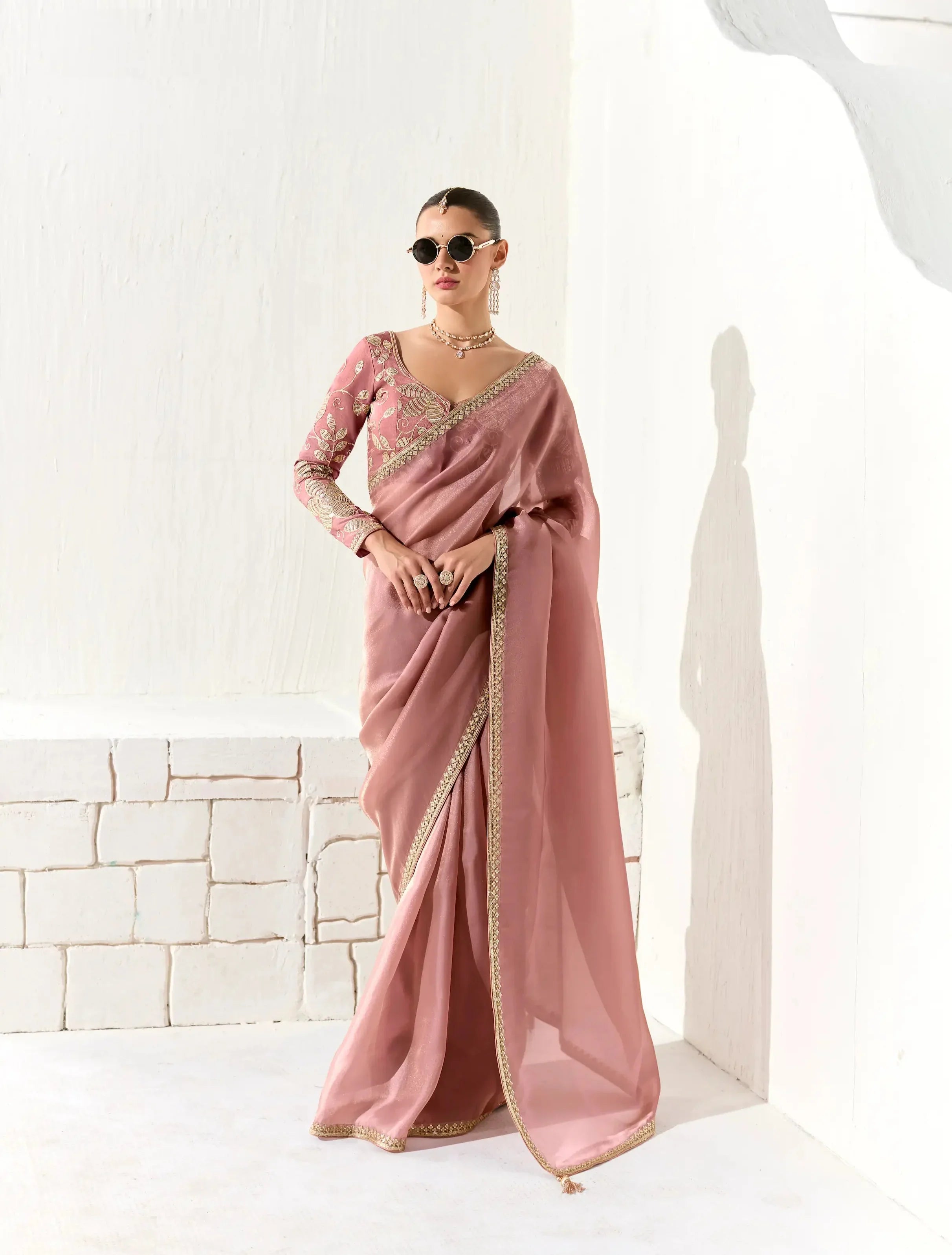 Dusty Pink Organza Saree Blouse With Heavy Embroidery work - qivii