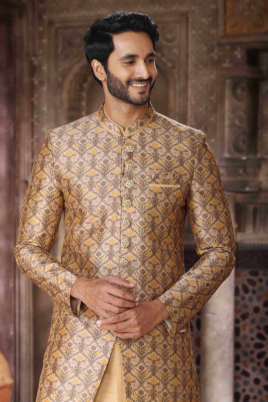 Men's Art Silk Embroidery Work 3 Pcs Indo Jacket Set In Yellow And Beige Colour