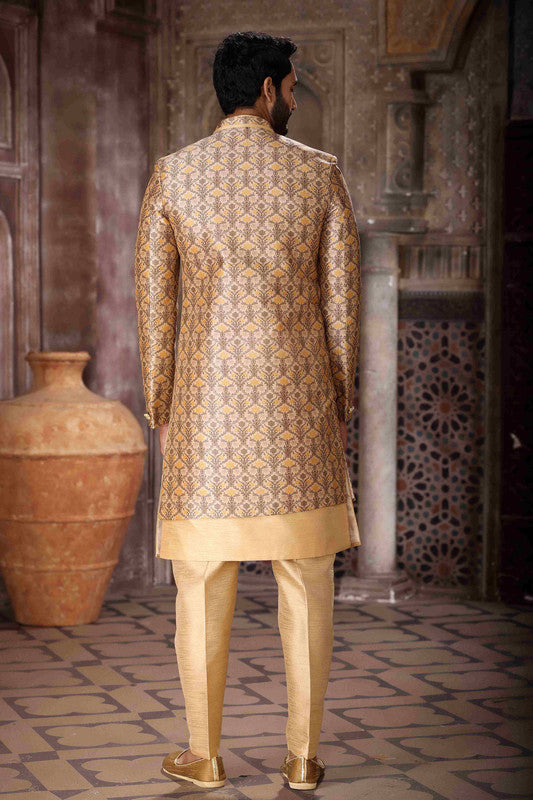 Men's Art Silk Embroidery Work 3 Pcs Indo Jacket Set In Yellow And Beige Colour